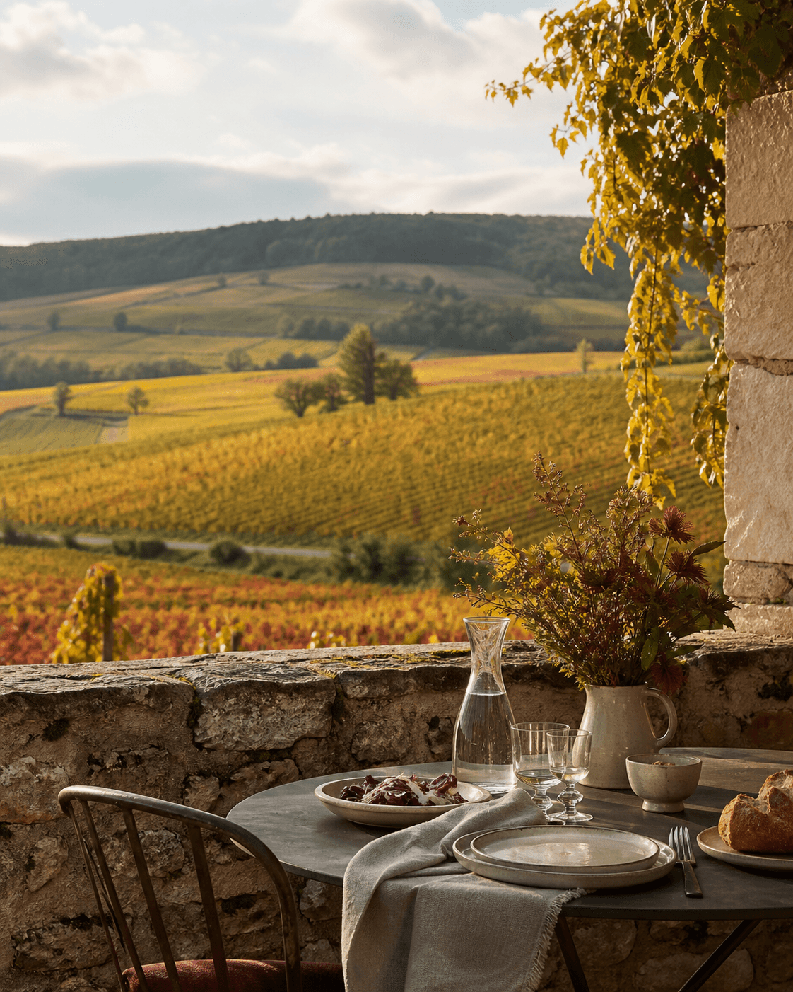 Table dressée face aux vignobles de Bourgogne en automne